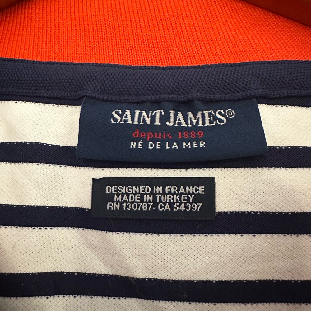 Saint James Navy and White Striped Top with Orange Neckline - Picture 2 of 9